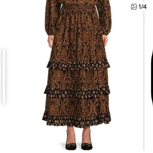 NWT A Loves A Damask High Rise Tiered Ruffle Skirt new maxi print brown black